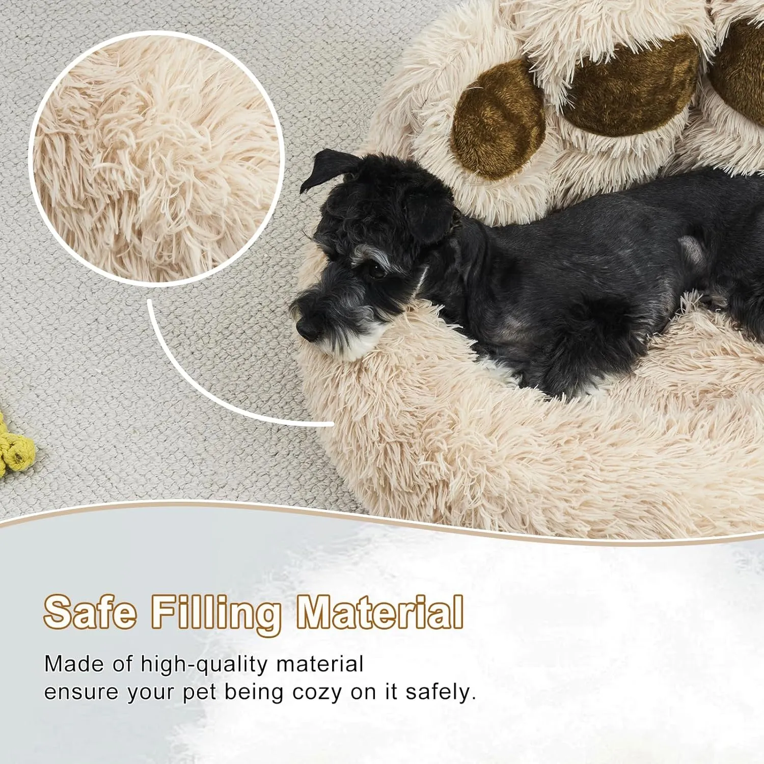 Jiupety Paw Shape Calming Pet Bed, Plush Faux Fur Donut Bed for Dogs & Cats, Machine Washable, Non-Slip Bottom, Medium (22"22"6"), Camel