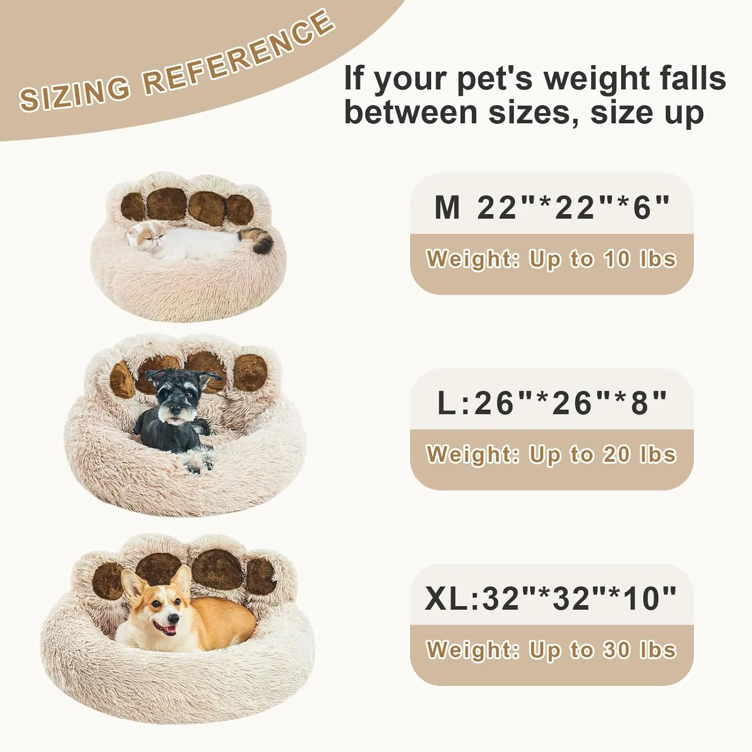 Jiupety Paw Shape Calming Pet Bed, Plush Faux Fur Donut Bed for Dogs & Cats, Machine Washable, Non-Slip Bottom, Medium (22"22"6"), Camel