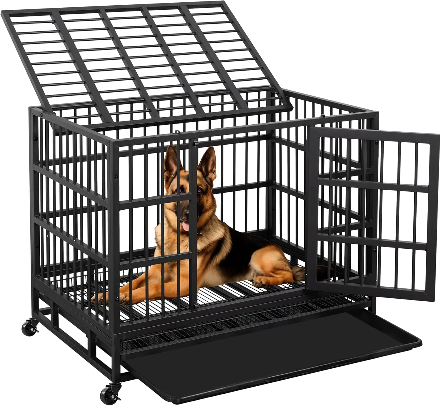 JY QAQA 48/38 Inch Heavy Duty Indestructible Dog Crate Double Doors Escape Proof Cage Kennel,Enhanced Metal Pet Cage,Extra Large XL XXL Crate Indoor for Large Dog with Removable TrayLockable Wheels