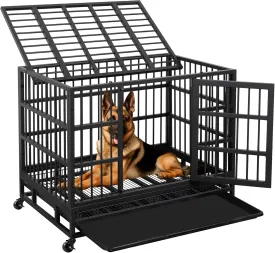 JY QAQA 48/38 Inch Heavy Duty Indestructible Dog Crate Double Doors Escape Proof Cage Kennel,Enhanced Metal Pet Cage,Extra Large XL XXL Crate Indoor for Large Dog with Removable TrayLockable Wheels