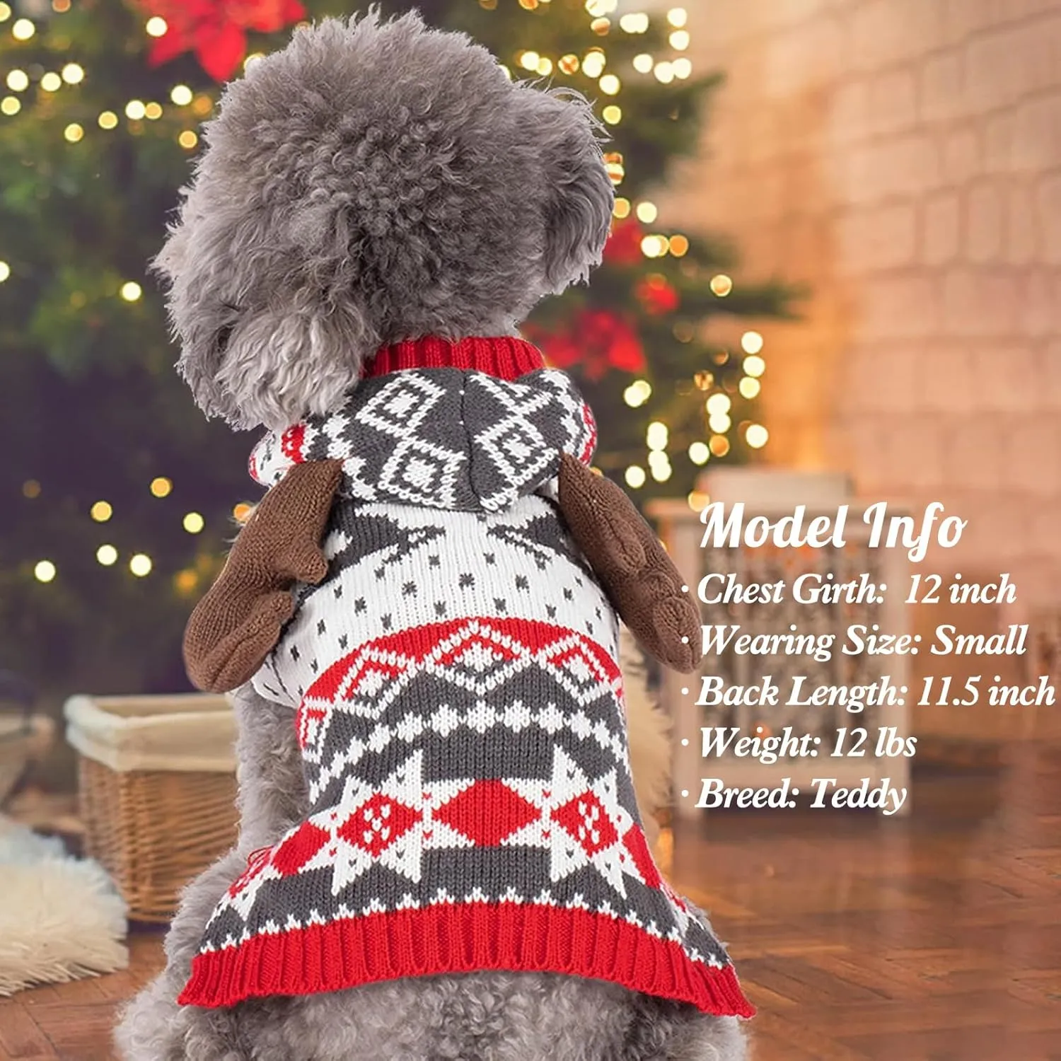 KYEESE Dog Christmas Sweater Hoodie Reindeer Red Dogs Knitwear Pullover Small Pet Sweater Dog Christmas Outfit with Leash Hole Ugly Pet Sweater, S