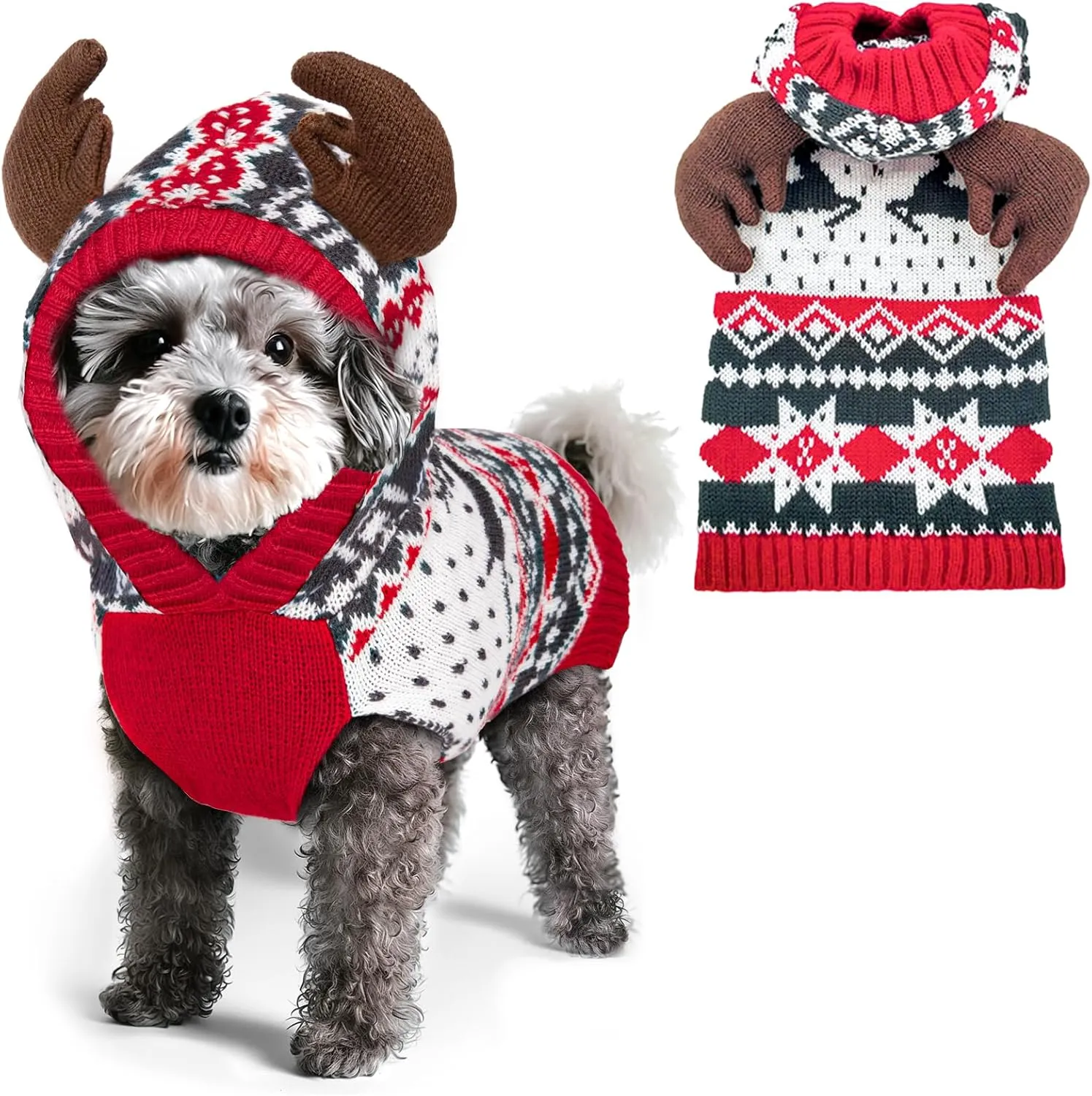 KYEESE Dog Christmas Sweater Hoodie Reindeer Red Dogs Knitwear Pullover Small Pet Sweater Dog Christmas Outfit with Leash Hole Ugly Pet Sweater, S
