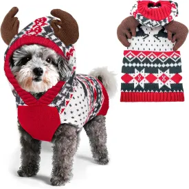 KYEESE Dog Christmas Sweater Hoodie Reindeer Red Dogs Knitwear Pullover Small Pet Sweater Dog Christmas Outfit with Leash Hole Ugly Pet Sweater, S
