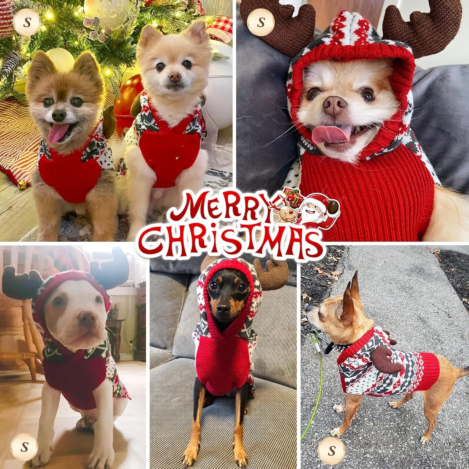 KYEESE Dog Christmas Sweater Hoodie Reindeer Red Dogs Knitwear Pullover Small Pet Sweater Dog Christmas Outfit with Leash Hole Ugly Pet Sweater, S