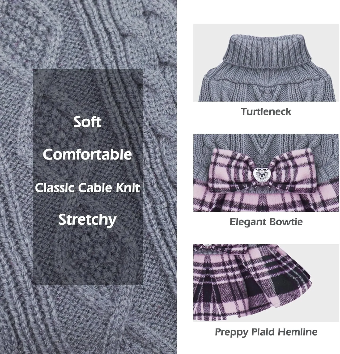 KYEESE Dog Sweater for Small Dogs - Soft Plaid with Bowtie Turtleneck, X-Small, Grey