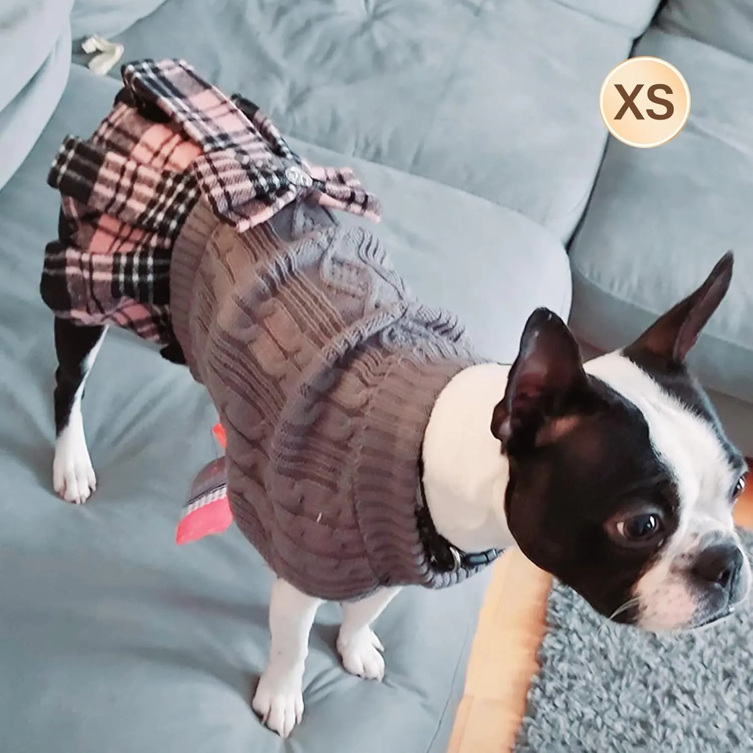 KYEESE Dog Sweater for Small Dogs - Soft Plaid with Bowtie Turtleneck, X-Small, Grey