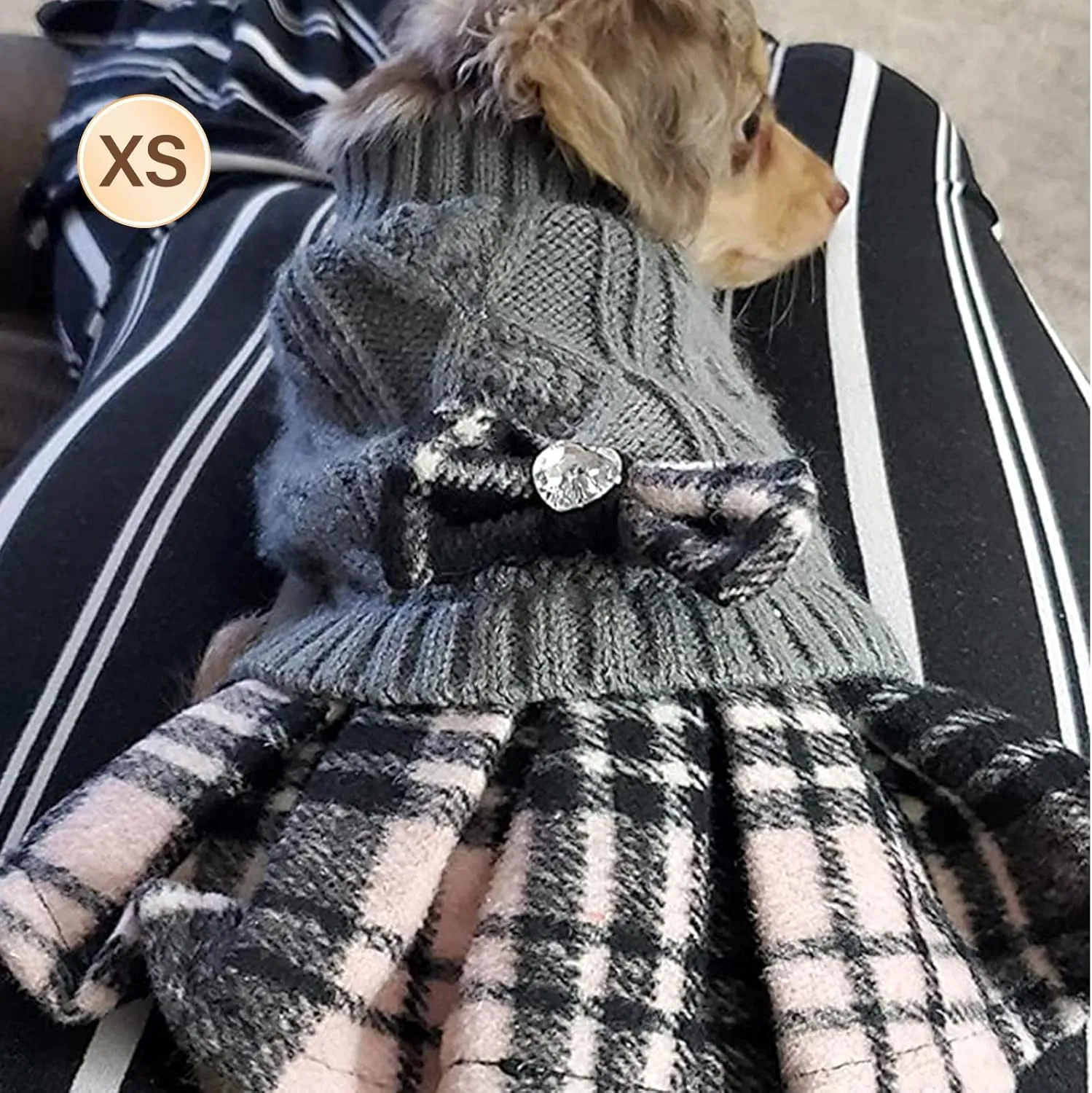 KYEESE Dog Sweater for Small Dogs - Soft Plaid with Bowtie Turtleneck, X-Small, Grey