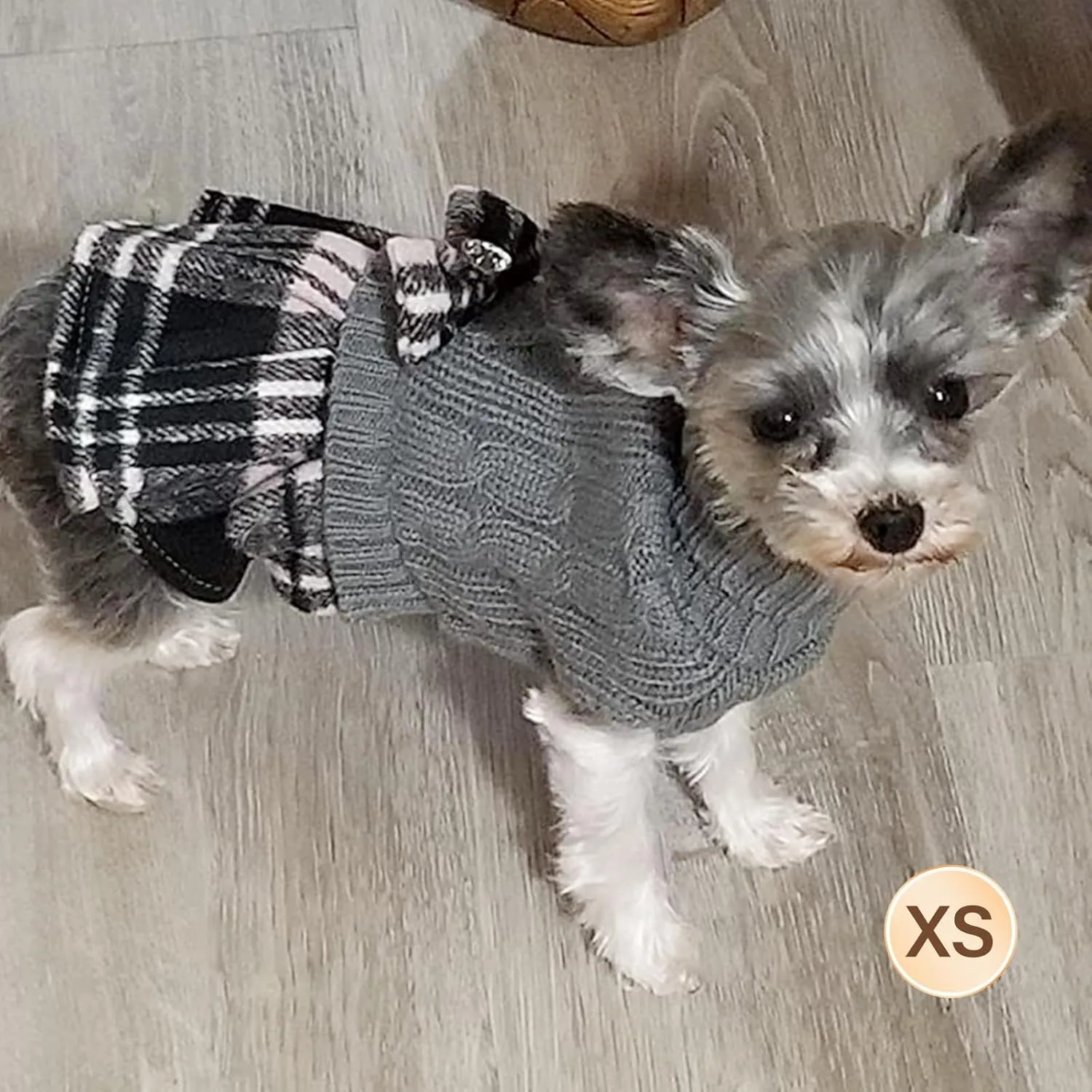 KYEESE Dog Sweater for Small Dogs - Soft Plaid with Bowtie Turtleneck, X-Small, Grey