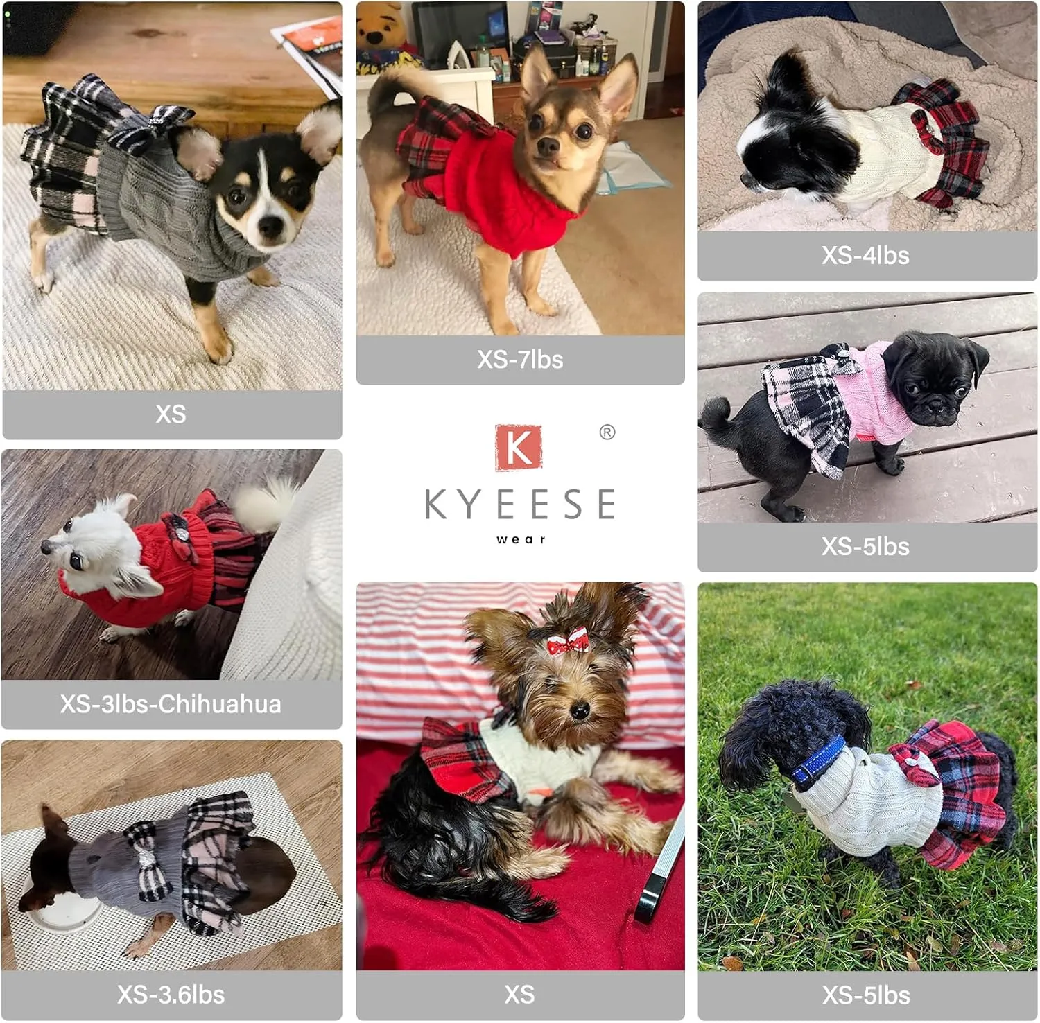 KYEESE Dog Sweater for Small Dogs - Soft Plaid with Bowtie Turtleneck, X-Small, Grey