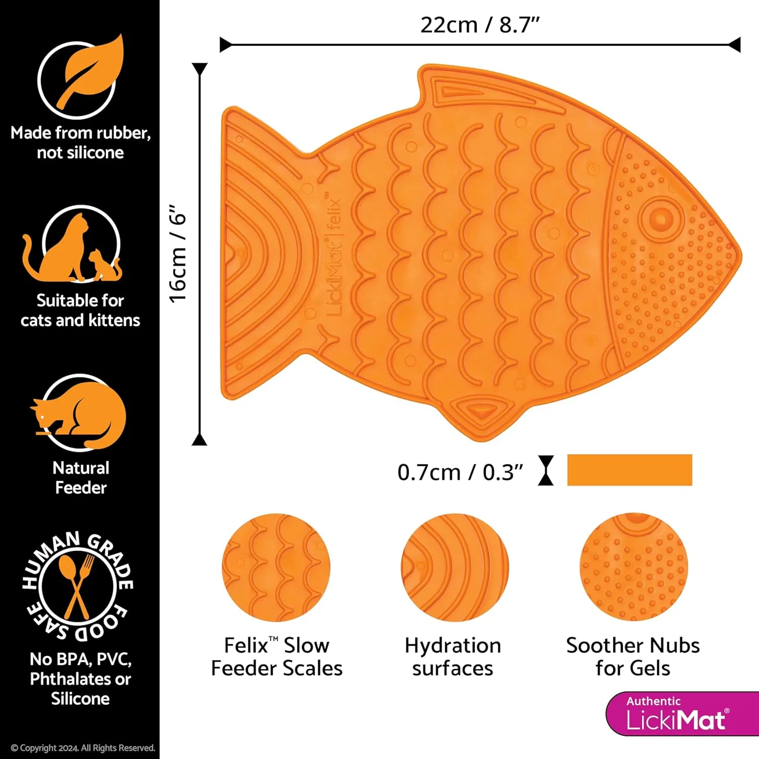 LickiMat Felix, Fish-Shaped Cat Slow Feeders Lick Mat, Boredom Anxiety Reducer; Perfect for Food, Treats, Yogurt, or Peanut Butter. Fun Alternative to a Slow Feed Cat Bowl or Dish, Orange