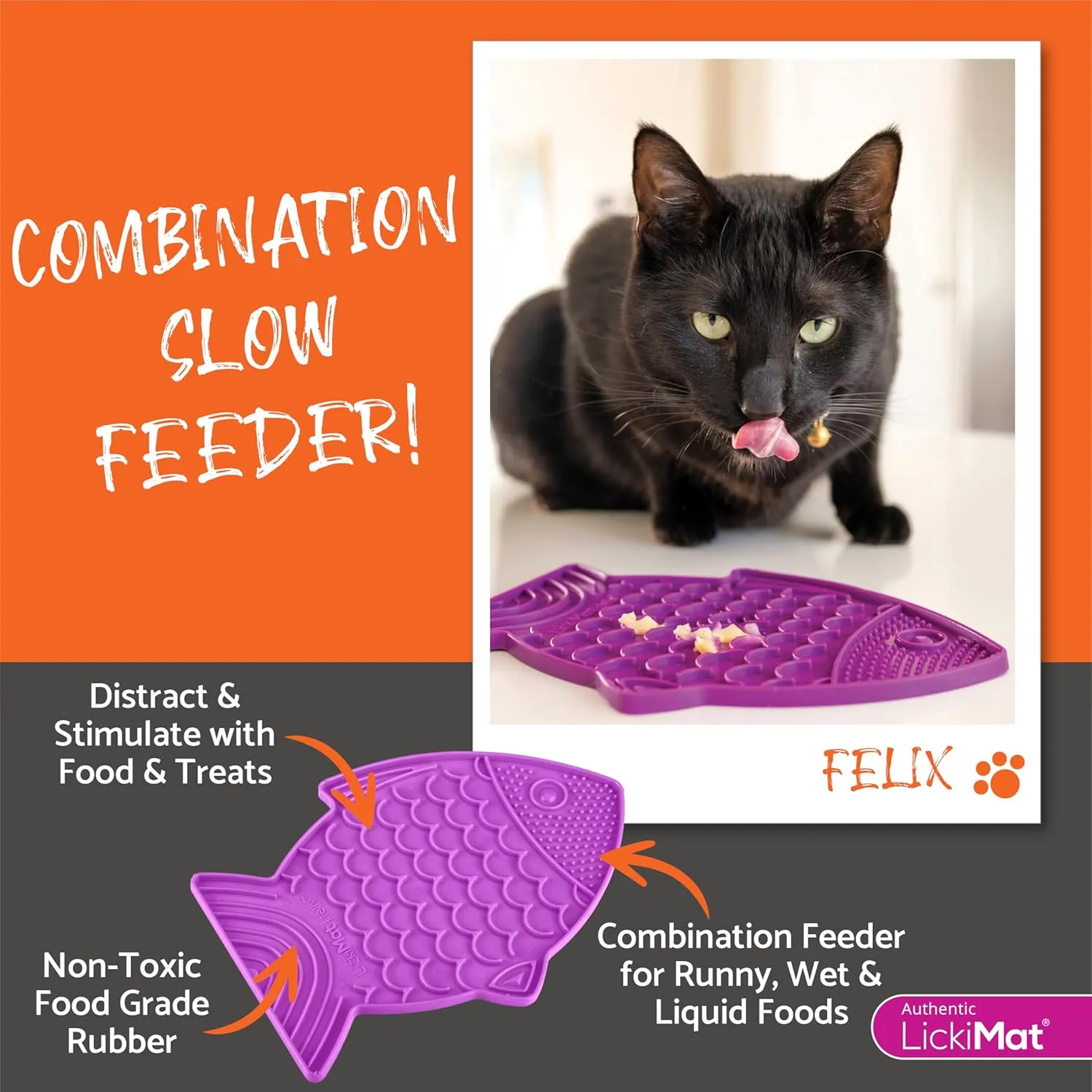 LickiMat Felix, Fish-Shaped Cat Slow Feeders Lick Mat, Boredom Anxiety Reducer; Perfect for Food, Treats, Yogurt, or Peanut Butter. Fun Alternative to a Slow Feed Cat Bowl or Dish, Orange