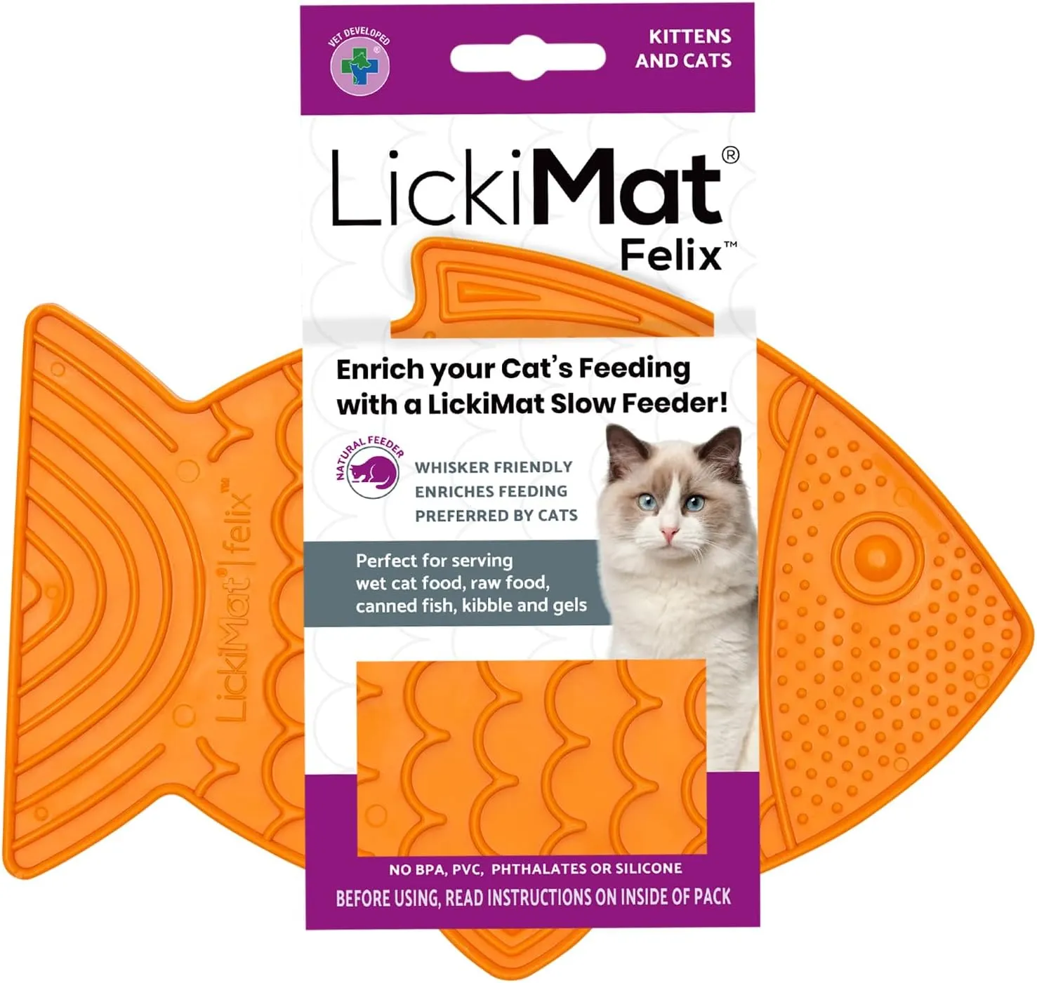LickiMat Felix, Fish-Shaped Cat Slow Feeders Lick Mat, Boredom Anxiety Reducer; Perfect for Food, Treats, Yogurt, or Peanut Butter. Fun Alternative to a Slow Feed Cat Bowl or Dish, Orange