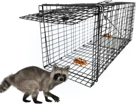 Live Humane Animal Trap, 32" x 11" x 12" Heavy Duty Humane Animal Cage Trap Catch and Release, Foldable Cat Trap for Stray Cats, Raccoons, Groundhogs, Opossums, Armadillos, and Similar-Sized Animals
