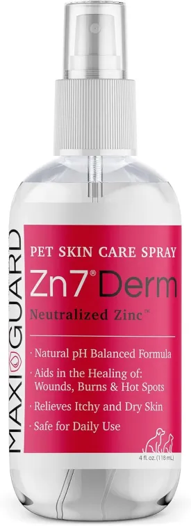 Maxi-Guard Pet Skin Care Spray Zn7 Derm with Neutralized Zinc for Dogs, Cats, Bovine, Exotics and Companion Animals (4oz), red/White