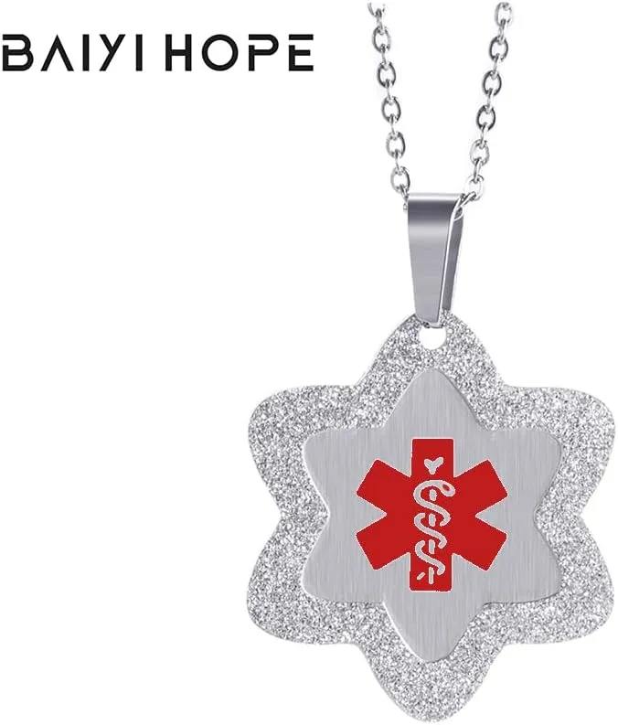 Medical Alert ID Necklace Stainless Steel Star Dog Tag Emergency Pendant Chain for Women 20" (Free Engraving)