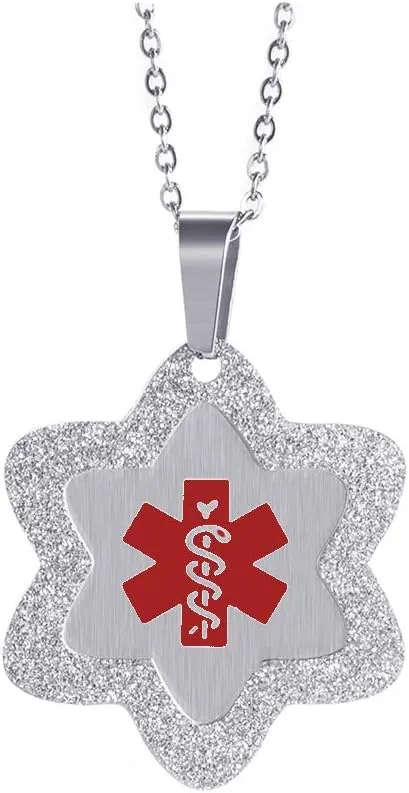 Medical Alert ID Necklace Stainless Steel Star Dog Tag Emergency Pendant Chain for Women 20" (Free Engraving)