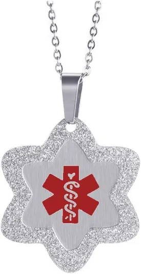 Medical Alert ID Necklace Stainless Steel Star Dog Tag Emergency Pendant Chain for Women 20" (Free Engraving)