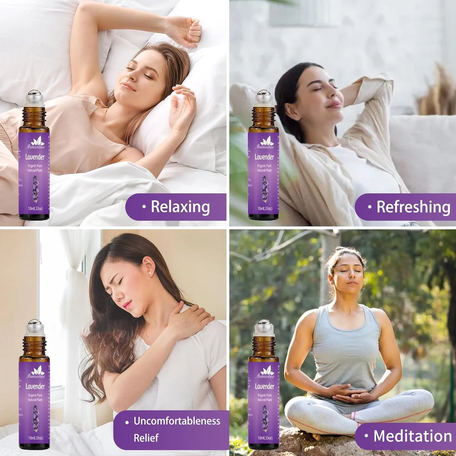 Mumianhua Lavender Essential Oil Roll-On Therapeutic Grade, Pre-Diluted Lavender Oil for Relaxation, Focus Pulse Points, Pillow, Skin, Massage Portable 0.33Oz Pocket Size
