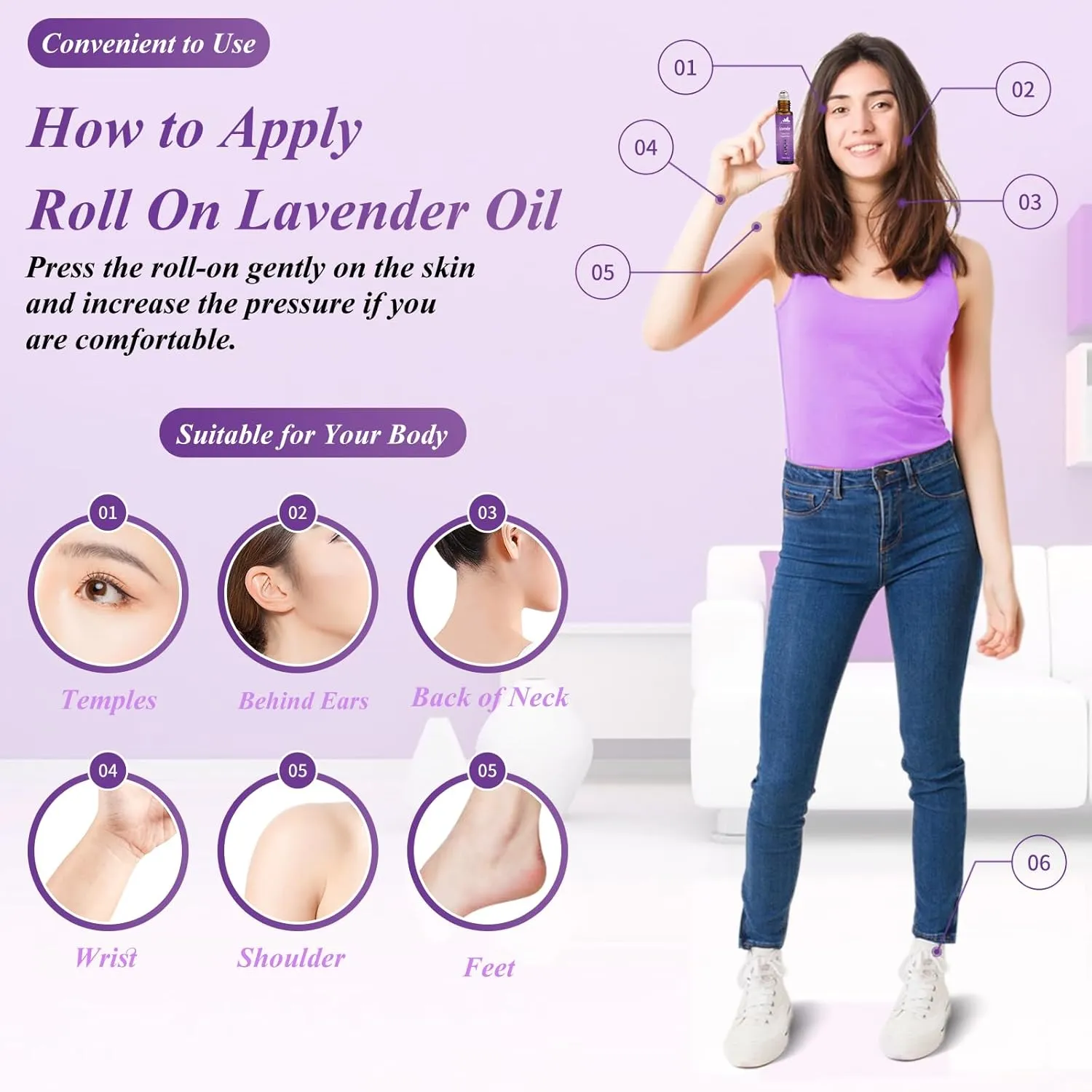 Mumianhua Lavender Essential Oil Roll-On Therapeutic Grade, Pre-Diluted Lavender Oil for Relaxation, Focus Pulse Points, Pillow, Skin, Massage Portable 0.33Oz Pocket Size