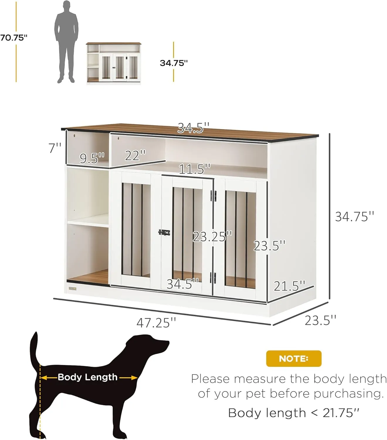 PawHut Cage Dog Crate Furniture, 47.3" L x 23.5" W x 34.8" H, White