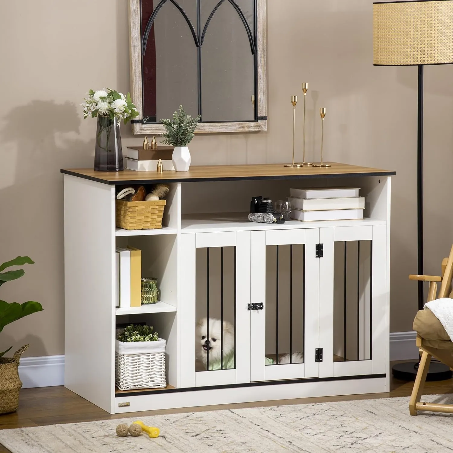 PawHut Cage Dog Crate Furniture, 47.3" L x 23.5" W x 34.8" H, White