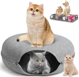 Peekaboo Cat Cave and Tunnel Bed - 20 Inch, Detachable Donut Tunnel for Indoor Cats, Exercise, Scratching & Hiding, Up to 8 lbs (Light Grey)