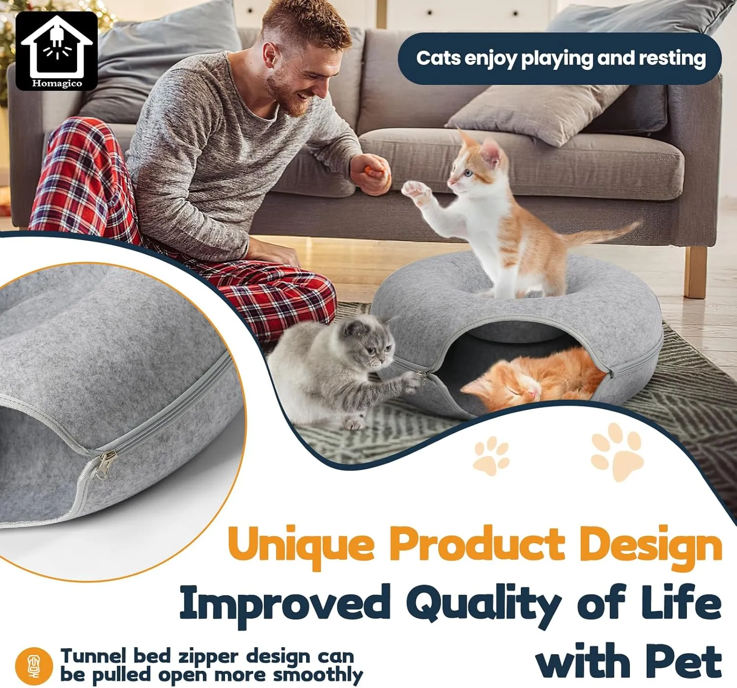 Peekaboo Cat Cave and Tunnel Bed - 20 Inch, Detachable Donut Tunnel for Indoor Cats, Exercise, Scratching & Hiding, Up to 8 lbs (Light Grey)