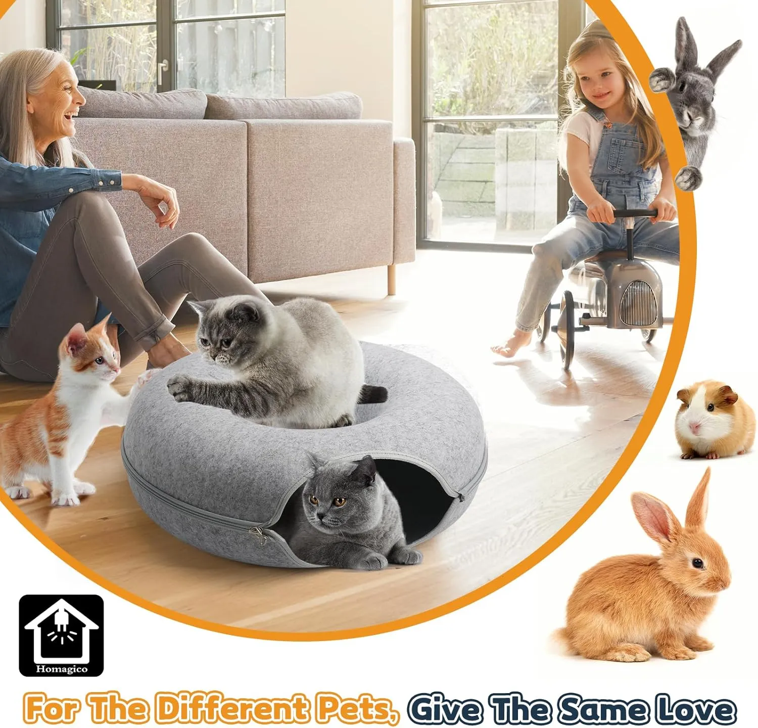 Peekaboo Cat Cave and Tunnel Bed - 20 Inch, Detachable Donut Tunnel for Indoor Cats, Exercise, Scratching & Hiding, Up to 8 lbs (Light Grey)