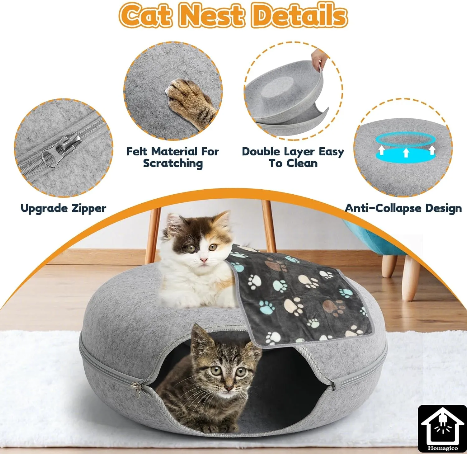 Peekaboo Cat Cave and Tunnel Bed - 20 Inch, Detachable Donut Tunnel for Indoor Cats, Exercise, Scratching & Hiding, Up to 8 lbs (Light Grey)