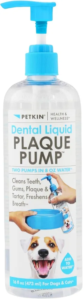 Petkin Dental Liquid Plaque Pump, 16 Fl Oz - Dental Water Additive Cleans Pet's Teeth, Gums, Plaque & Freshens Breath - Invisible Formula Has No Taste, Color, or Smell - for Dogs and Cats