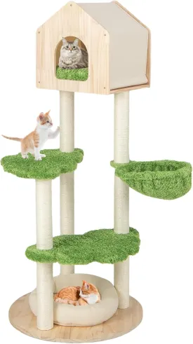 PETSITE 55 Inches Tall Wood Cat Tree, Multi-Level Modern Cat Tower with Sisal Scratching Posts, Condo, Side Hammock and Bed, Ideal for Indoor Cats