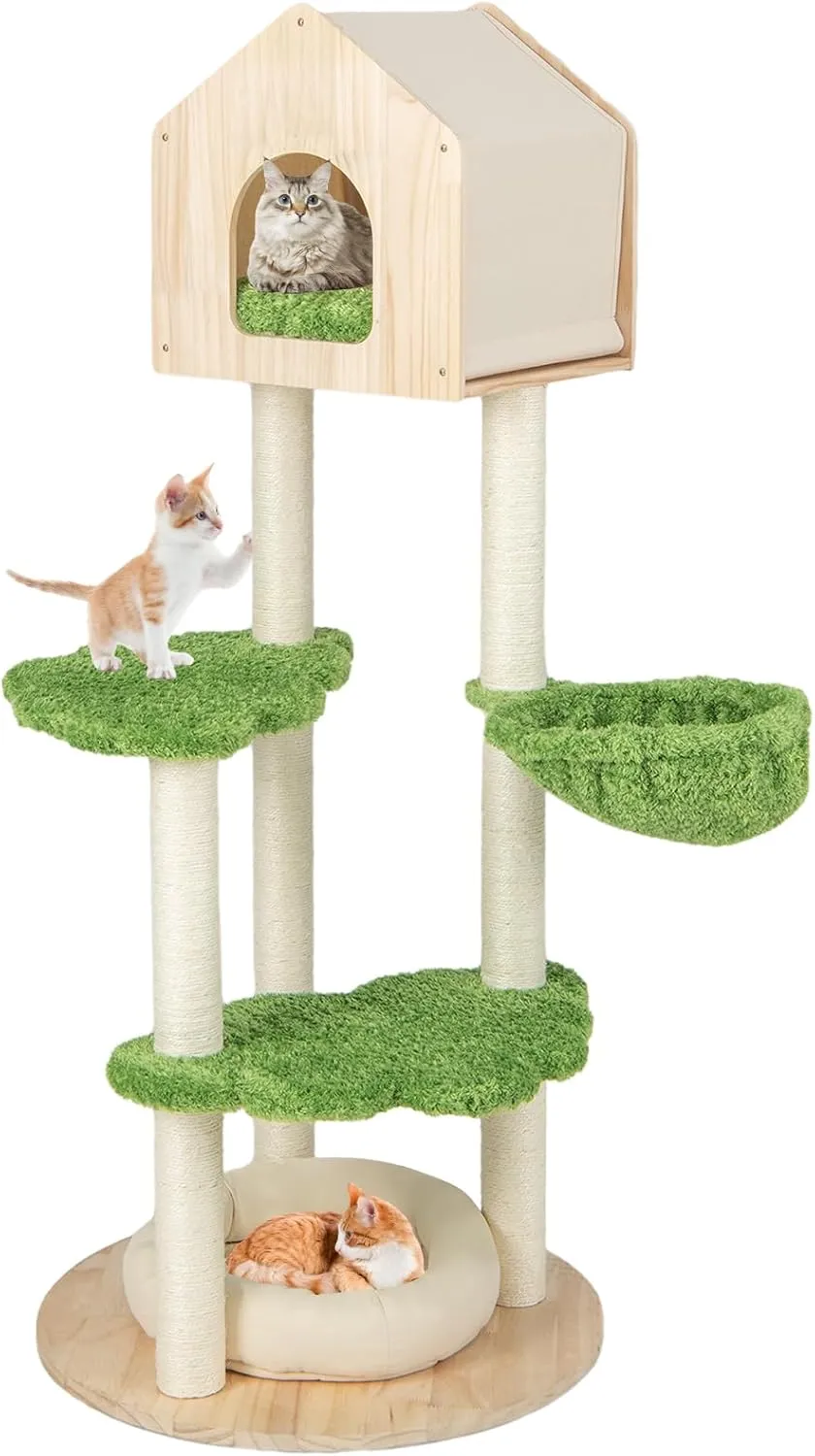 PETSITE 55 Inches Tall Wood Cat Tree, Multi-Level Modern Cat Tower with Sisal Scratching Posts, Condo, Side Hammock and Bed, Ideal for Indoor Cats