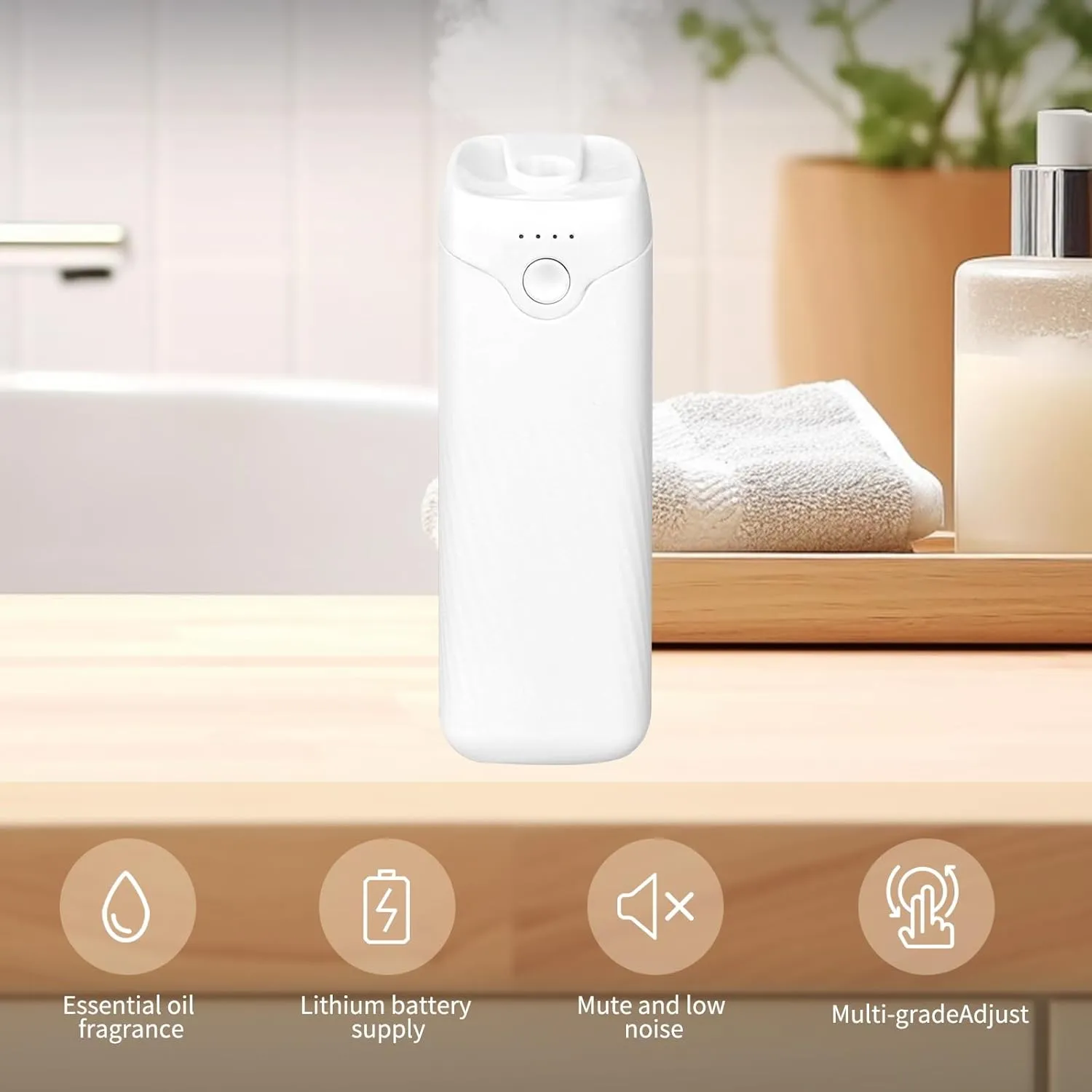Portable Rechargeable Air Freshener  Mini Ultrasonic Aroma Diffuser & Deodorizer for Bathroom, Office, Travel, with Essential Oil & Humidifier Function (1, Machine   2 Oil)