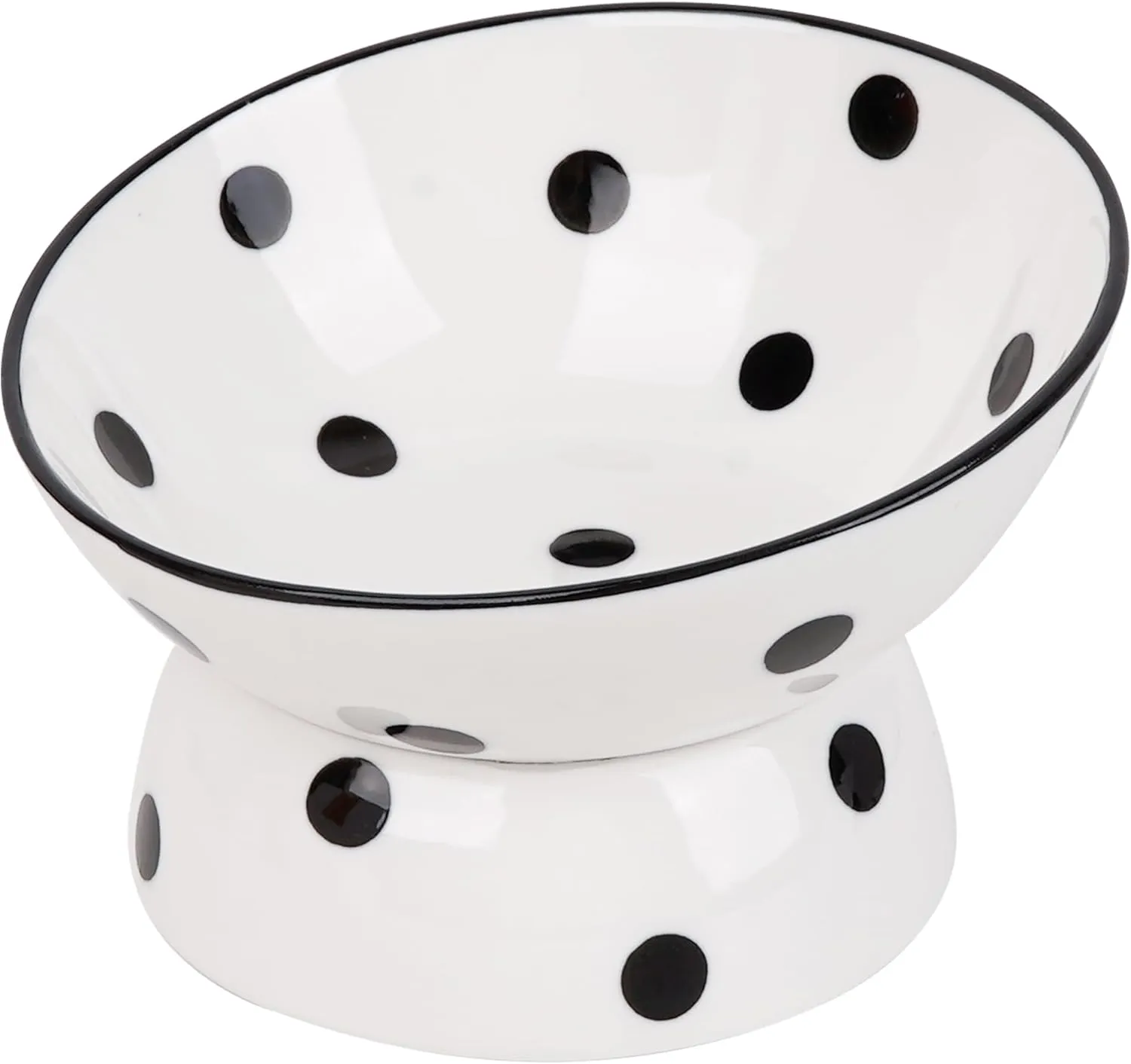 Raised Cat Bowl - Black Polka Dot Elevated Ceramic Food and Water Dish, Wide Shallow Design for Whisker Fatigue Relief