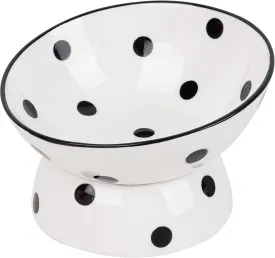 Raised Cat Bowl - Black Polka Dot Elevated Ceramic Food and Water Dish, Wide Shallow Design for Whisker Fatigue Relief