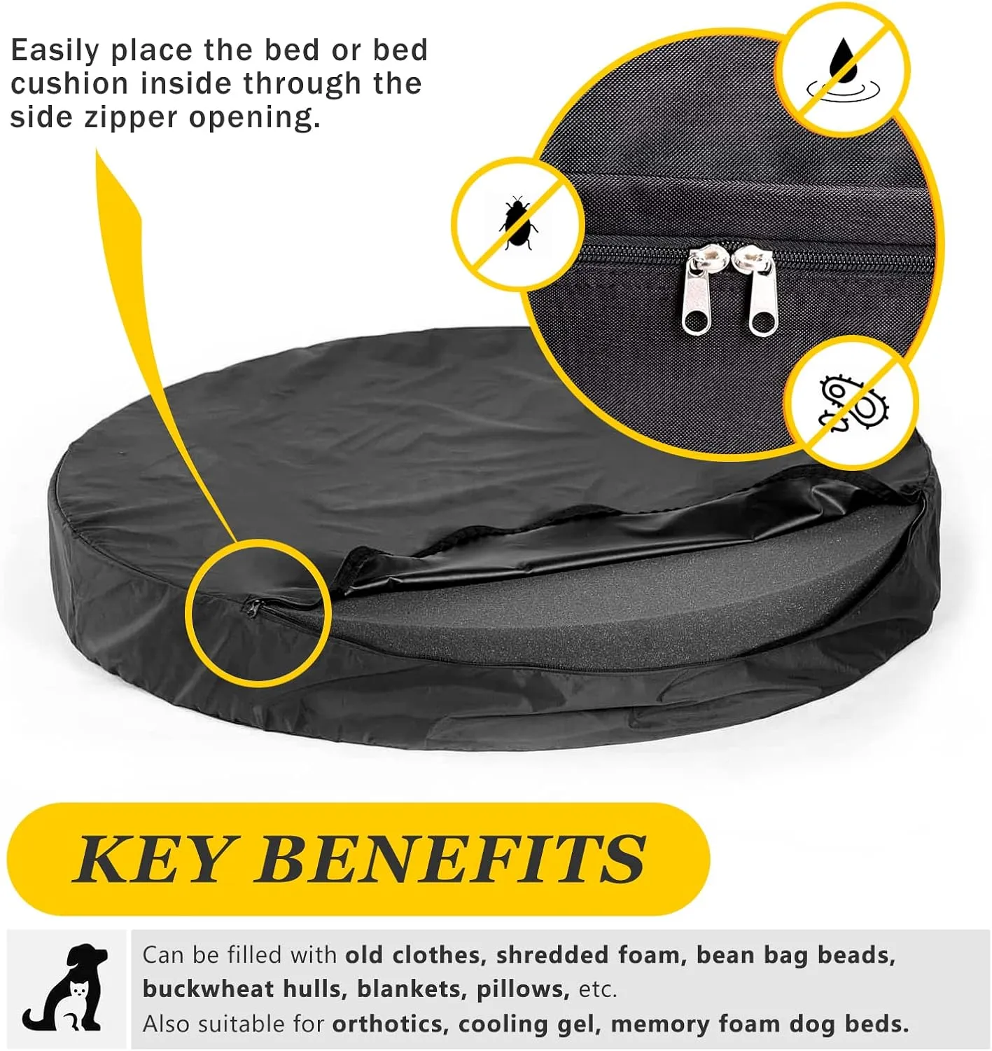 Round Dog Bed Replacement Cover 36D  4H Inch Washable Grey Thickened Waterproof Oxford Fabric with Handle and Zipper Reusable Dog Bed Liner for Small to Medium 25-35 Lbs Puppy