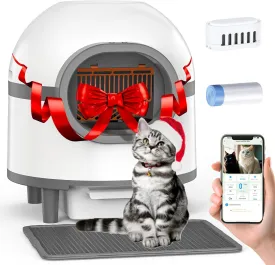 Self Cleaning Litter Box, Large Capacity 68L 10L Smart Litter Box for Multiple Cats with Litter Mat, App Control, Double Odor Removal (Grey White)