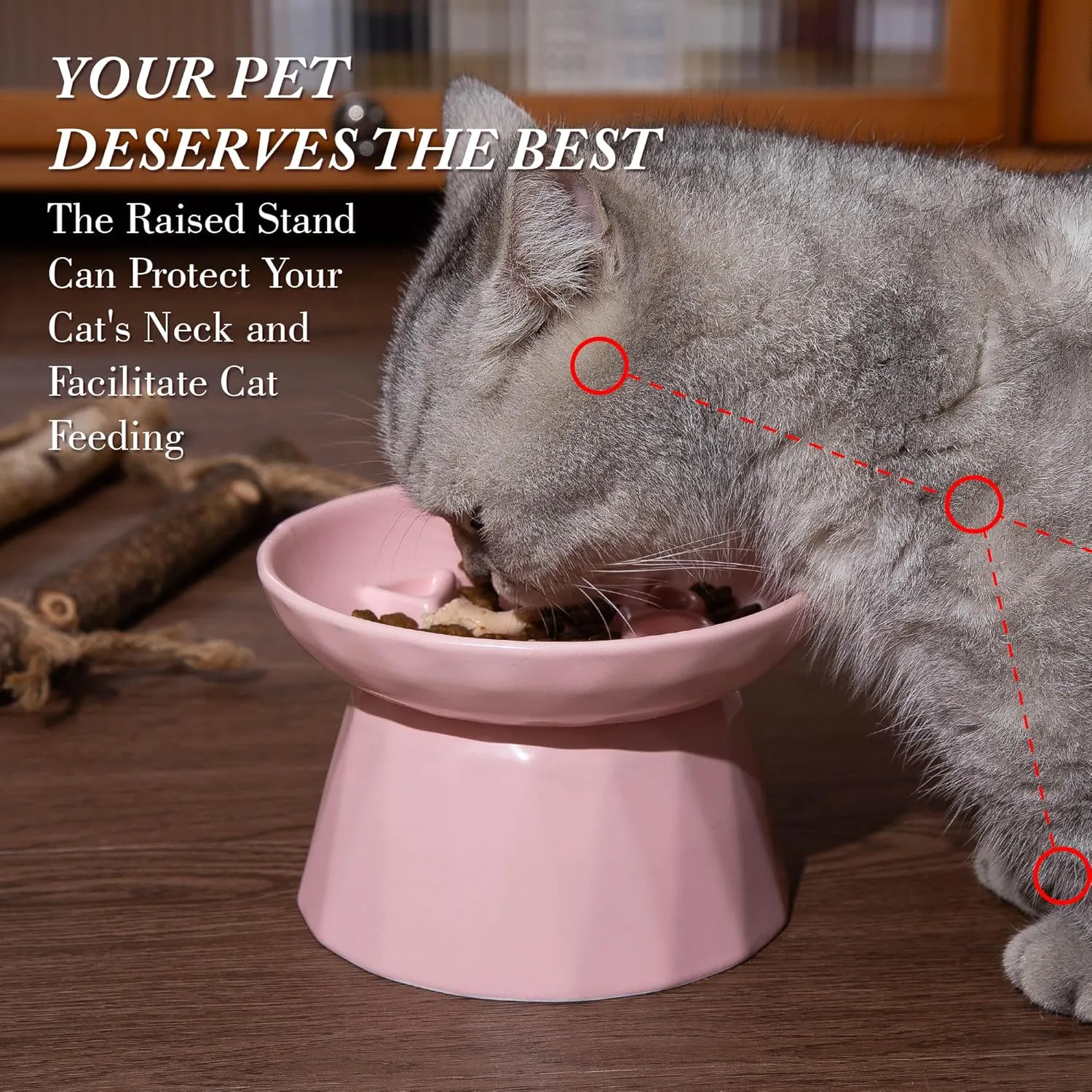 Slow Feeder Cat Food Wide Bowl Neck and Whisker Friendly Elevated Prevent Vomiting cat face Cat face Style Ceramic Color Pink