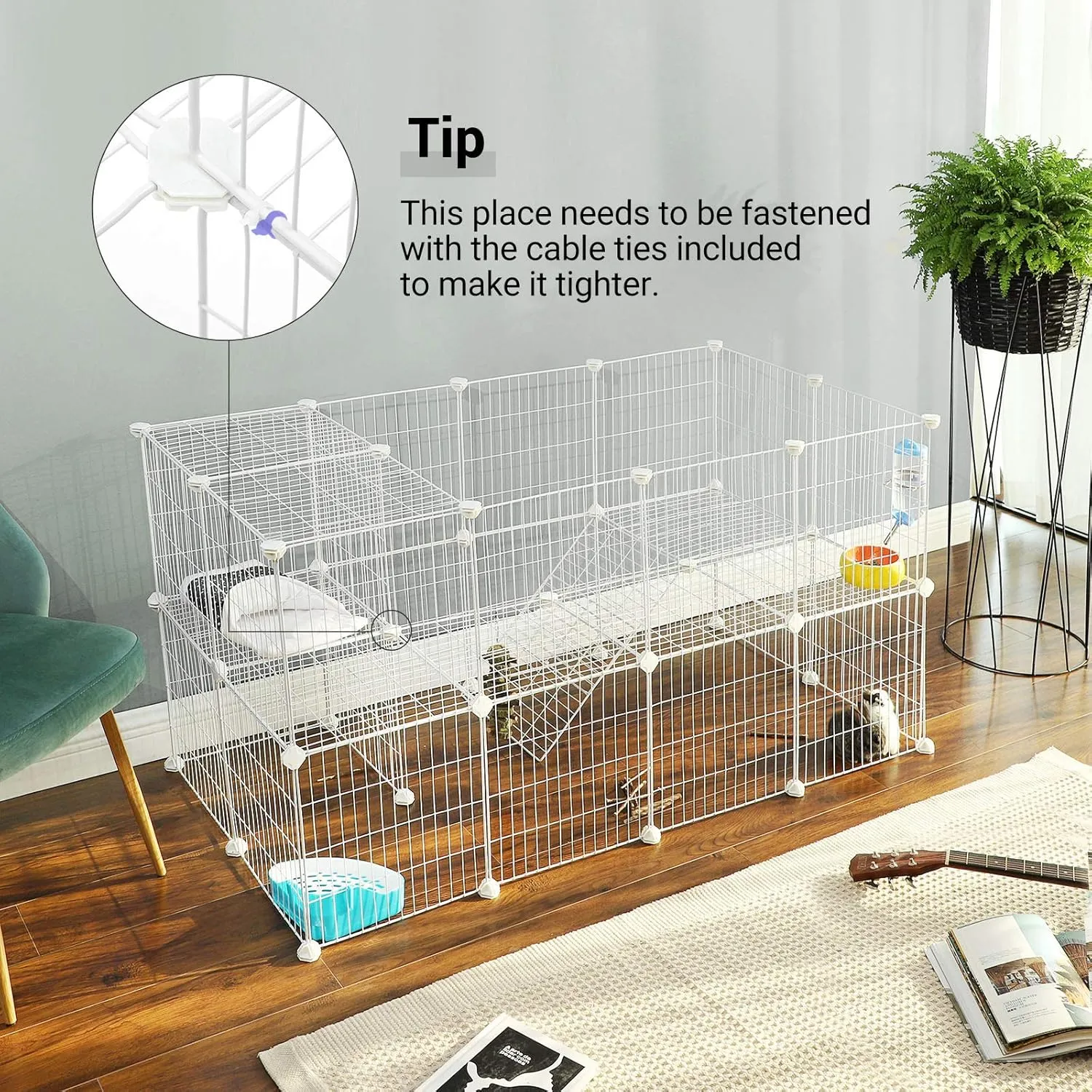 SONGMICS 36 Panels Pet Playpen, Small Animal Playpen, Rabbit Guinea Pig Cage, Zip Ties Included, Metal Wire Apartment-Style Two-Story Pet Premium Villa for Bunnies Puppies, Indoor Use, White ULPI02W
