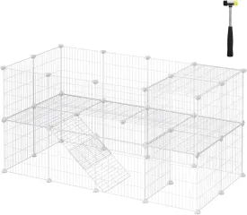 SONGMICS 36 Panels Pet Playpen, Small Animal Playpen, Rabbit Guinea Pig Cage, Zip Ties Included, Metal Wire Apartment-Style Two-Story Pet Premium Villa for Bunnies Puppies, Indoor Use, White ULPI02W