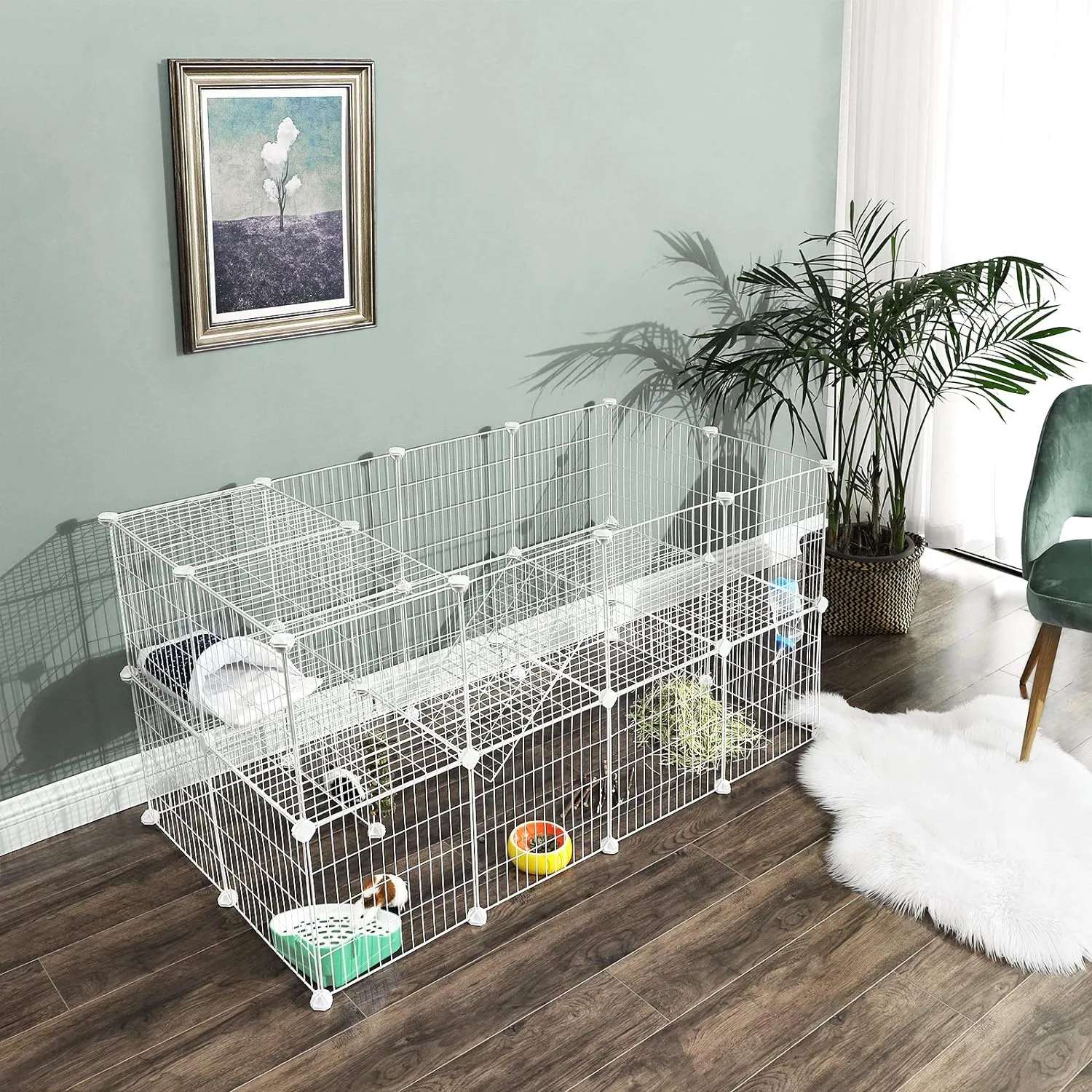 SONGMICS 36 Panels Pet Playpen, Small Animal Playpen, Rabbit Guinea Pig Cage, Zip Ties Included, Metal Wire Apartment-Style Two-Story Pet Premium Villa for Bunnies Puppies, Indoor Use, White ULPI02W