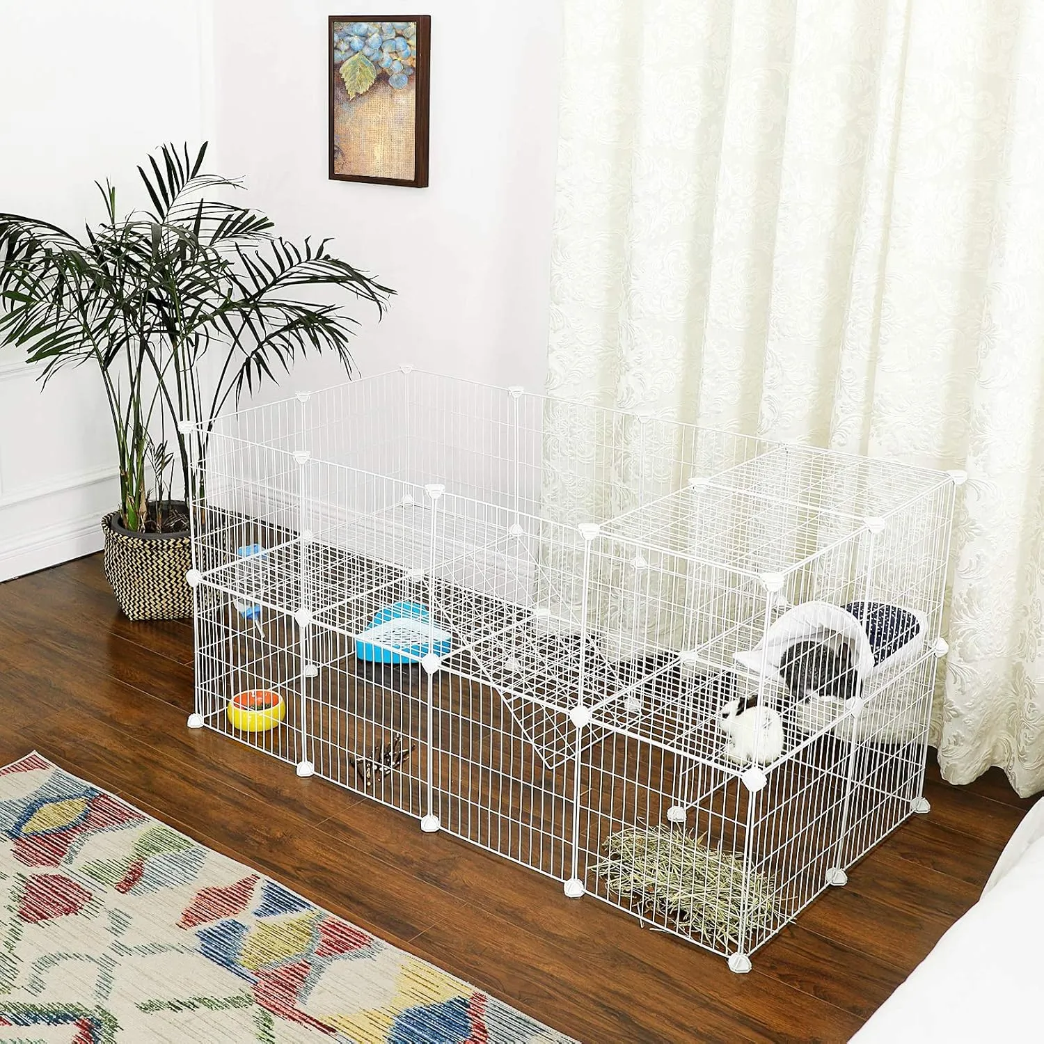 SONGMICS 36 Panels Pet Playpen, Small Animal Playpen, Rabbit Guinea Pig Cage, Zip Ties Included, Metal Wire Apartment-Style Two-Story Pet Premium Villa for Bunnies Puppies, Indoor Use, White ULPI02W