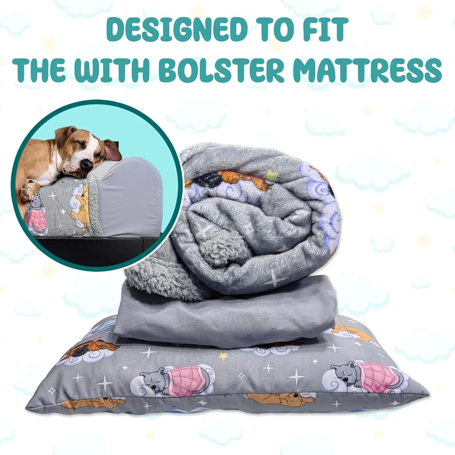 Sweet Dreams Bedding Set - Soft Sherpa & Fleece Reversible Blanket, Plush Pillow, Gray Fitted Sheet for Comfort - Oeko-Tex 100 Certified, Safe & Gentle for Pets (with Bolster)