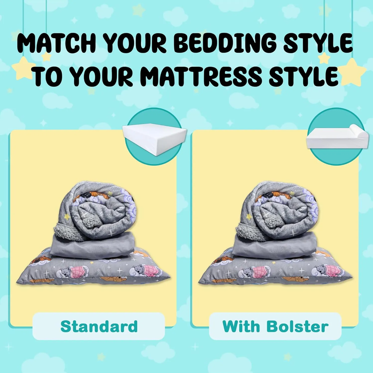 Sweet Dreams Bedding Set - Soft Sherpa & Fleece Reversible Blanket, Plush Pillow, Gray Fitted Sheet for Comfort - Oeko-Tex 100 Certified, Safe & Gentle for Pets (with Bolster)