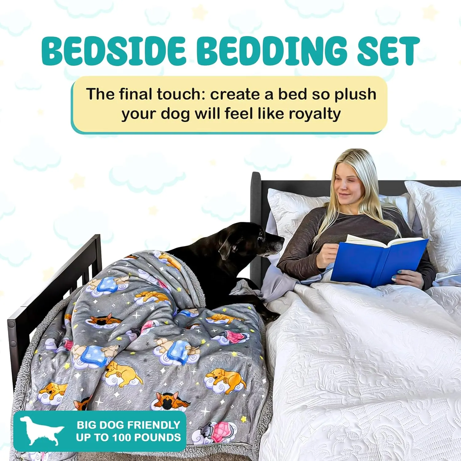 Sweet Dreams Bedding Set - Soft Sherpa & Fleece Reversible Blanket, Plush Pillow, Gray Fitted Sheet for Comfort - Oeko-Tex 100 Certified, Safe & Gentle for Pets (with Bolster)