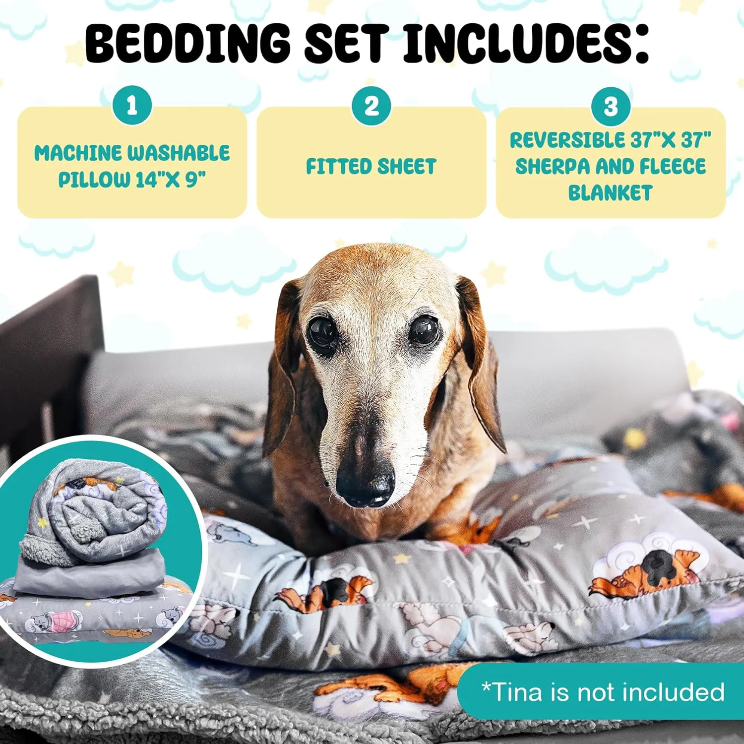 Sweet Dreams Bedding Set - Soft Sherpa & Fleece Reversible Blanket, Plush Pillow, Gray Fitted Sheet for Comfort - Oeko-Tex 100 Certified, Safe & Gentle for Pets (with Bolster)