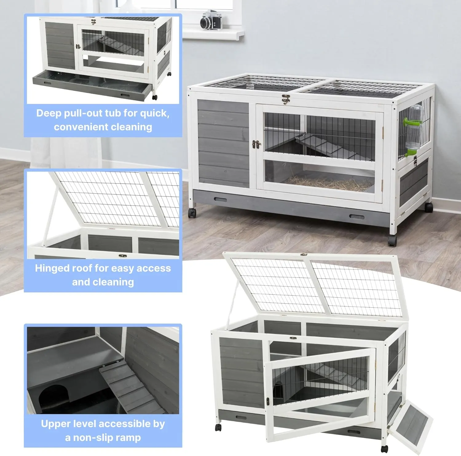 TRIXIE Natura Small Indoor Rabbit Hutch, Pet House for Rabbits and Guinea Pigs, Bunny Cage on Wheels, Pull Out Tray