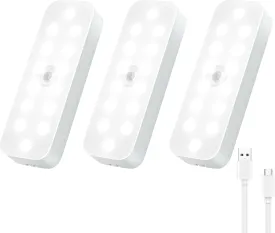 Under Cabinet Lighting Motion Sensor - 3 Pack Rechargeable Closet Lights Indoor Battery Operated, Stick-on Magnet LED Nightlight for Bedroom, Wireless Cabinet Lights, Motion Sensor Step Night Light