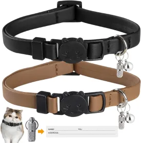 Upgrade Breakaway Cat Collar with Bells, Soft Leather Kitten Collars with Name Tag,Safety Adjustable Buckle,Lightweight,Ideal for Girl Boy Cats,Puppies,2 PackBlack Brown