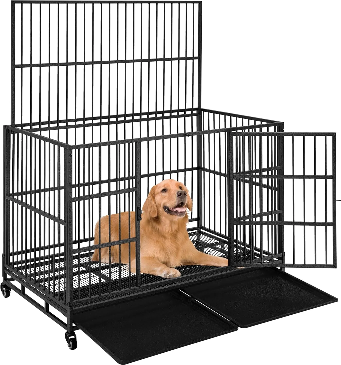 Yaheetech 48 Inch Heavy Duty Indestructible Dog Crate, Escape Proof Dog Kennel Rolling Dog Cage for Large Dogs with Double Door, Removable Trays, Sturdy Locks, Indoor/Outdoor, Black